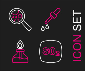 Set line Sulfur dioxide SO2, Alcohol or spirit burner, Pipette and Microorganisms under magnifier icon. Vector