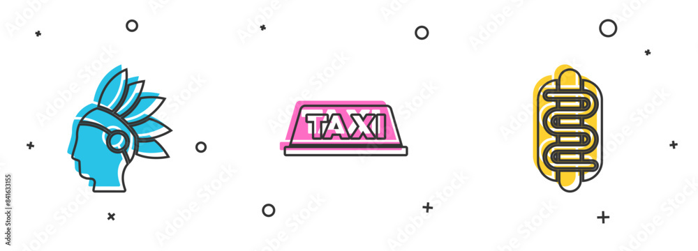 Poster set native american indian, taxi car roof and hotdog sandwich icon. vector