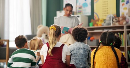 Kindergarten, children and teacher reading a story in montessori school, classroom and learning....