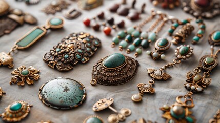 A close-up view of antique brooches and earrings with turquoise stones