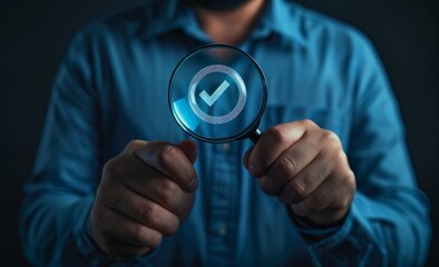 A businessman holding a virtual magnifying glass with a checkmarked person icon, a human resources concept, for team selection or selection when team employees work. Acceptance concept