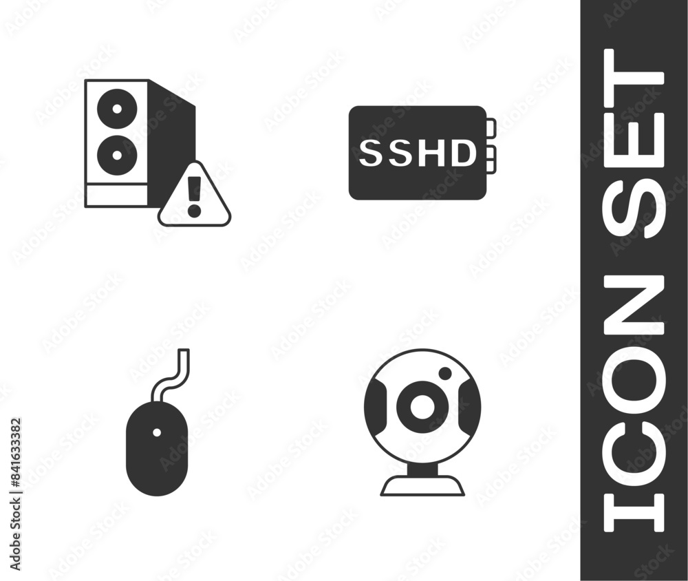 Poster set web camera, case of computer, computer mouse and sshd card icon. vector