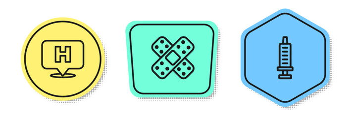 Set line Location hospital, Crossed bandage plaster and Syringe. Colored shapes. Vector