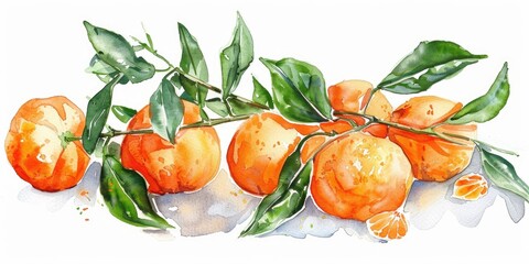 Obraz premium Festive Citrus Delight: Hand-drawn Watercolor Illustration of Juicy Mandarins and Fir Branch