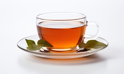 A cup of warm tea on a white background