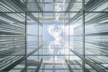 Looking up through a glass building towards the sky, showcasing modern architecture and reflections