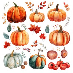 Festive Halloween Card with Colorful Pumpkins, Watercolor Illustration for Autumn Harvest Celebration
