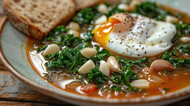 Tasty Portuguese Acorda soup with greens, garlic, bread and poached egg close up . Generative Ai