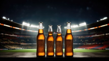 bottles of beer against the backdrop of a football field and stadium. Sports and entertainment concept.
