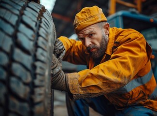 Mechanic Crouching While Fixing Car Tire
