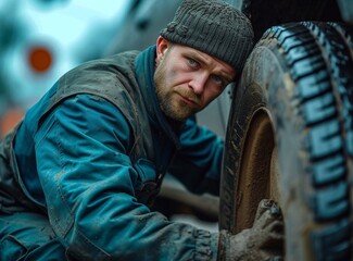 Mechanic Crouching While Fixing Car Tire