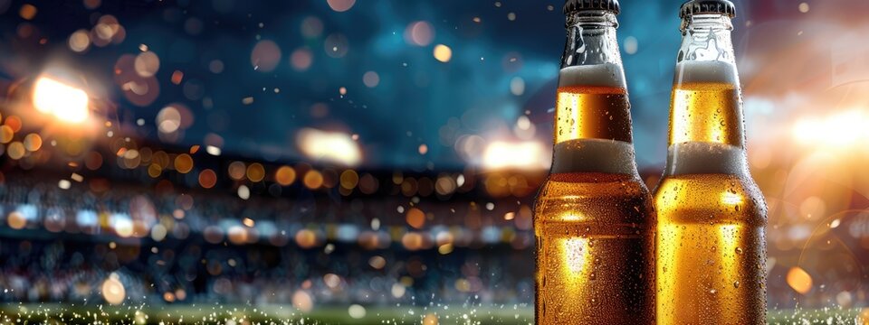 bottles of beer against the backdrop of a football field and stadium. Sports and entertainment concept.