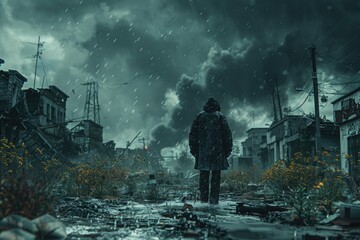 A moody and atmospheric depiction of a person standing amidst a desolate, rain-soaked urban landscape