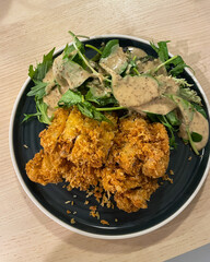 A plate of chicken katsu with salad.