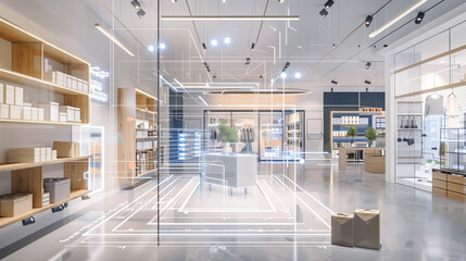 Obraz premium Efficient Shopping Experience in a Modern Smart Retail Store with AI-Driven Inventory Management and Customer Analytics