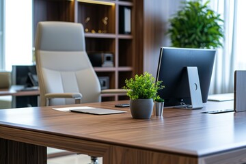 Sleek office setting featuring a computer, elegant chair, and a potted plant on a wooden desk