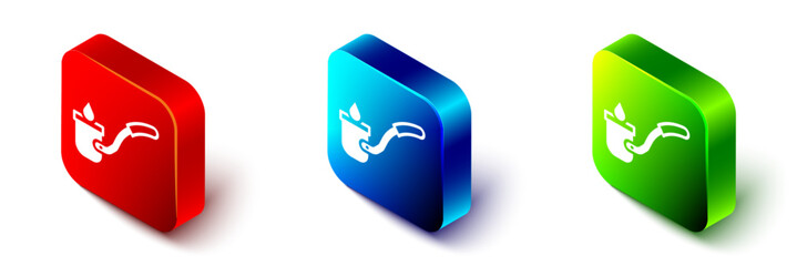 Isometric Sauna ladle icon isolated on white background. Red, blue and green square button. Vector