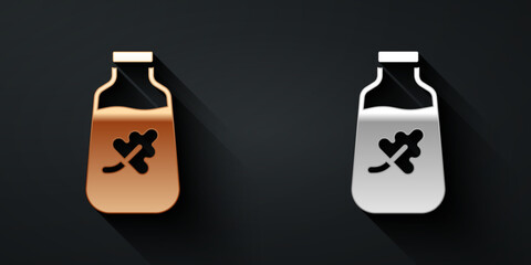 Gold and silver Essential oil bottle icon isolated on black background. Organic aromatherapy essence. Skin care serum glass drop package. Long shadow style. Vector