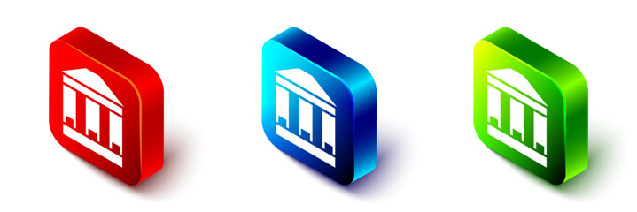 Isometric Museum building icon isolated on white background. Red, blue and green square button. Vector
