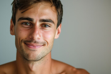 A close up portrait of a young man with a subtle smile