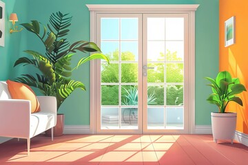 Naklejka premium Bright and vibrant room with indoor plants and large glass doors leading to an outdoor garden, capturing natural light and colorful decor.