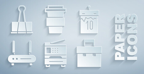 Set Printer, Calendar, Router and wi-fi signal, Briefcase, Coffee cup to go and Binder clip icon. Vector