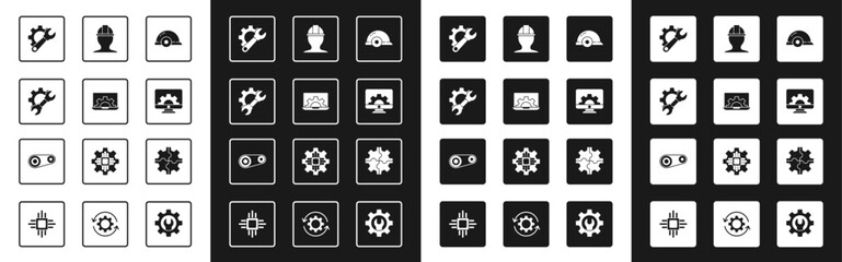 Set Worker safety helmet, Laptop and gear, Wrench spanner, Computer monitor, Gear and Timing belt kit icon. Vector