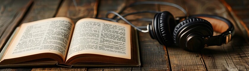 Obraz premium Open book and headphones on a wooden table, symbolizing the fusion of traditional reading with modern audio technology.