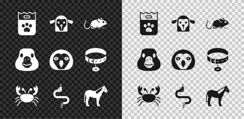 Set Bag of food, Sheep head, Rat, Crab, Snake, Horse, Goose bird and Owl icon. Vector