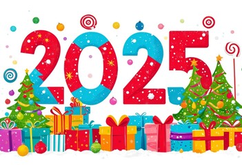 Fototapeta premium colorful illustration of the number 2025, surrounded by various Christmas trees, gifts and lollipops on white background, reflects the concept of celebrating the New Year.