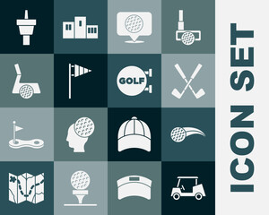 Set Golf car, ball, Crossed golf club, label, flag, with, tee and sport icon. Vector