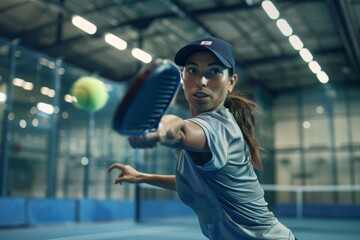 Young woman playing pickleball at the pickleball court