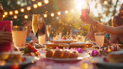 Birthday party celebration with people enjoying food, drinks, and confetti on a table close-up, sun setting in the background