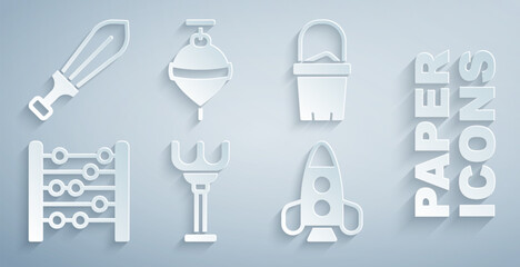 Set Rake toy, Sand in bucket, Abacus, Rocket ship, Whirligig and Sword icon. Vector