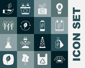 Set Solar energy panel, Tag with leaf, Calendar autumn leaves, Leaf Eco symbol, Recycle, Tree, Plant in hand and nature battery icon. Vector