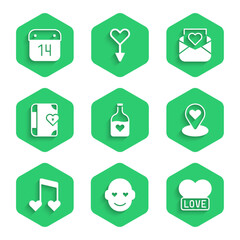 Set Bottle with love potion, Romantic man, Heart, Location heart, Music note, tone hearts, Love diary, Envelope Valentine and Calendar February 14 icon. Vector