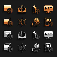 Set NFT blockchain technology, Digital crypto art, and Laptop with store app icon. Vector