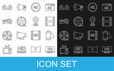 Set line Smart display with HD video, Camera vintage film roll cartridge, Play Video, 4k Ultra, Film reel, Movie, film, media projector, 3D cinema glasses and trophy icon. Vector