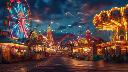 A neon-lit amusement park with a Ferris wheel and a carousel. Festival