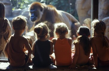 Obraz premium group of children standing in front of a large, transparent aviary panel at a zoo.