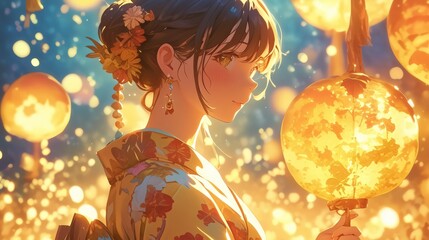 Naklejka premium Charming anime girl in a colorful yukata at a festival, stock market indicators floating, isolated background, professional financial content