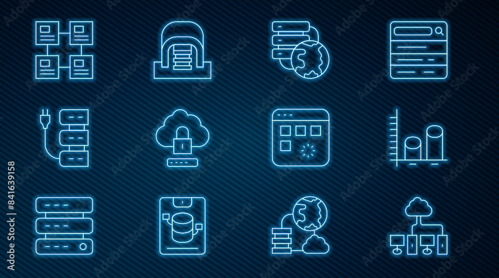 Poster Set line Computer network, Data analysis, Network cloud connection, Cloud computing lock, Server, Hierarchy organogram chart, Loading data window and Hangar with servers icon. Vector