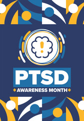 PTSD Awareness Month in June. Post Traumatic Stress Disorder. Celebrated annual in United States. Medical health care and awareness design. Poster, card, banner and background. Vector illustration