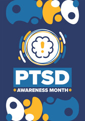 PTSD Awareness Month in June. Post Traumatic Stress Disorder. Celebrated annual in United States. Medical health care and awareness design. Poster, card, banner and background. Vector illustration