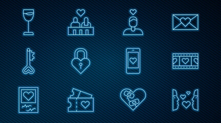 Set line Love at first sight, Play Video with heart, Couple in love, Castle the shape of, Key, Wine glass, Mobile and icon. Vector