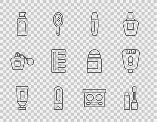 Set line Cream or lotion cosmetic tube, Mascara brush, Bottle of shampoo, Spray can for hairspray, Hairbrush, Eye shadow palette and Epilator icon. Vector
