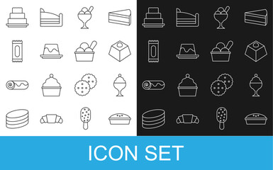 Set line Homemade pie, Ice cream in bowl, Brownie chocolate cake, Pudding custard, Candy, Cake and icon. Vector