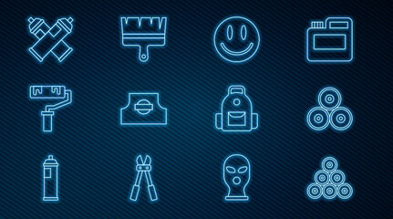 Set line Paint spray can, Smile face, Spray nozzle cap, roller brush, School backpack and icon. Vector