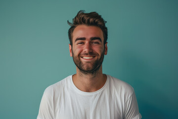 A close up portrait of a young man with a subtle smile