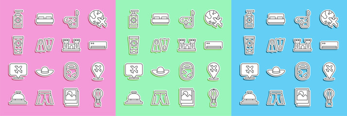 Set line Hot air balloon, Plane, Air conditioner, Diving mask and snorkel, Rubber flippers for swimming, Sunscreen cream tube, spray bottle and Sand castle icon. Vector © Vadim